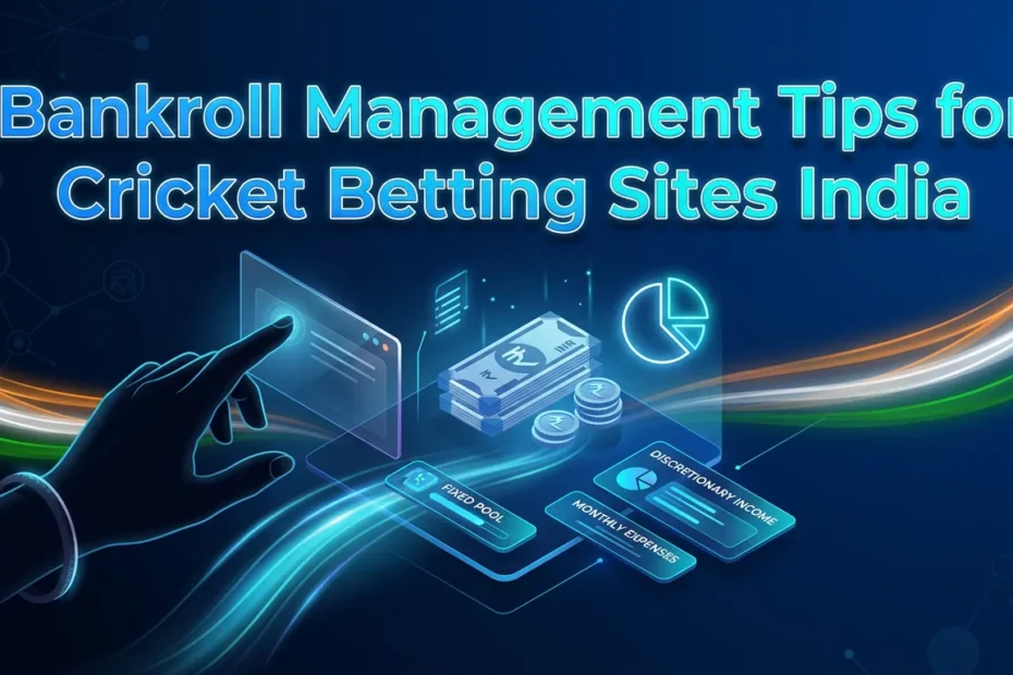 Digital dashboard with glowing financial graphs and floating Indian currency, illustrating bankroll management for cricket be