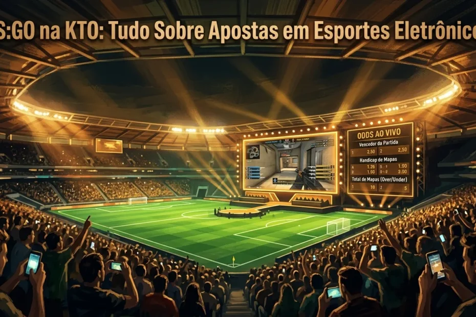 Visão noturna de um estádio de e-sports, com apostas CS:GO na KTO.